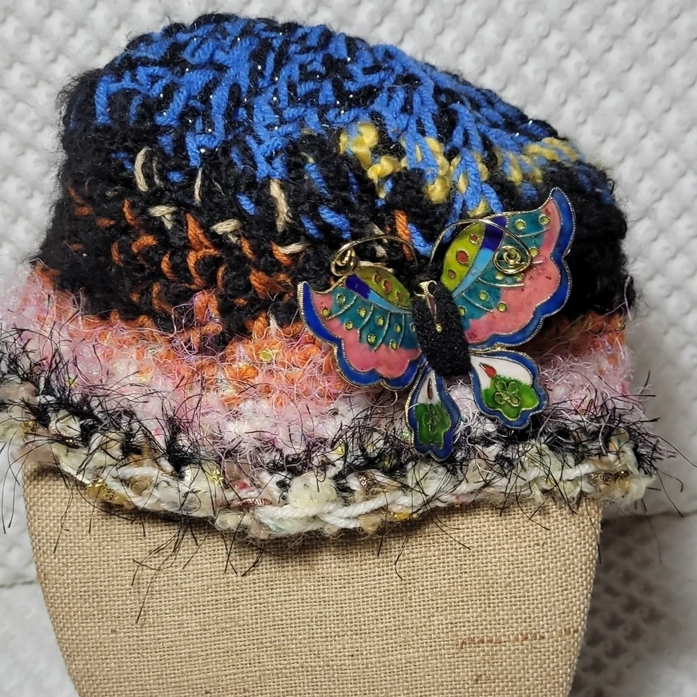 Crocheted Hat* Multicolored with Butterfly Pin